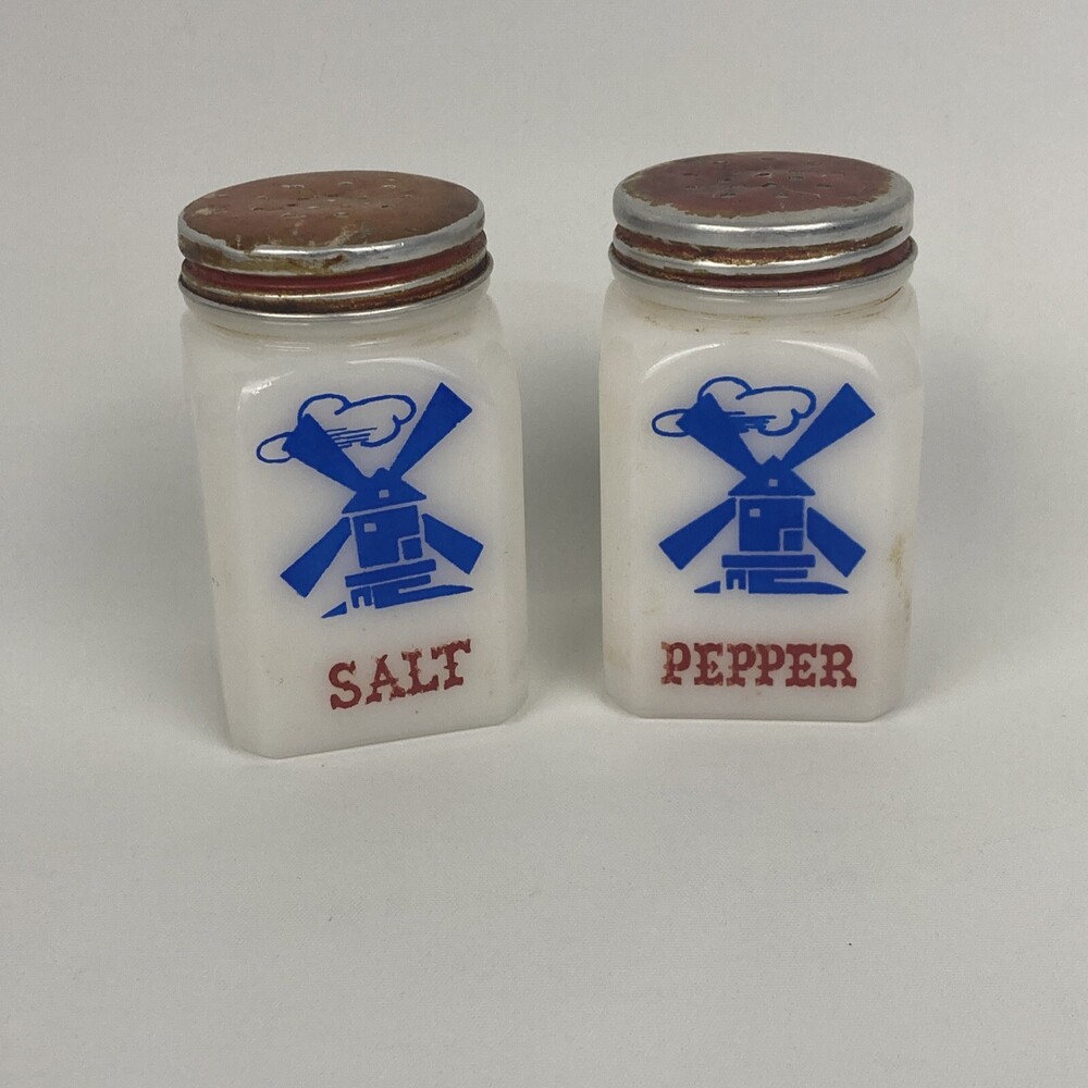 VTG Delft Windmill Milk Glass Salt & Pepper Shaker Set by Hazel Atlas/McKee